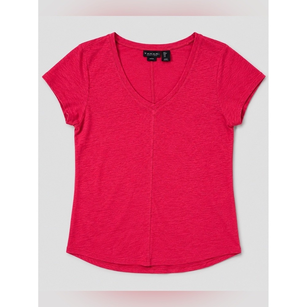 Tahari 100% Linen Blouse Top Large Euro Summer Coastal Beachy Coral Button Back